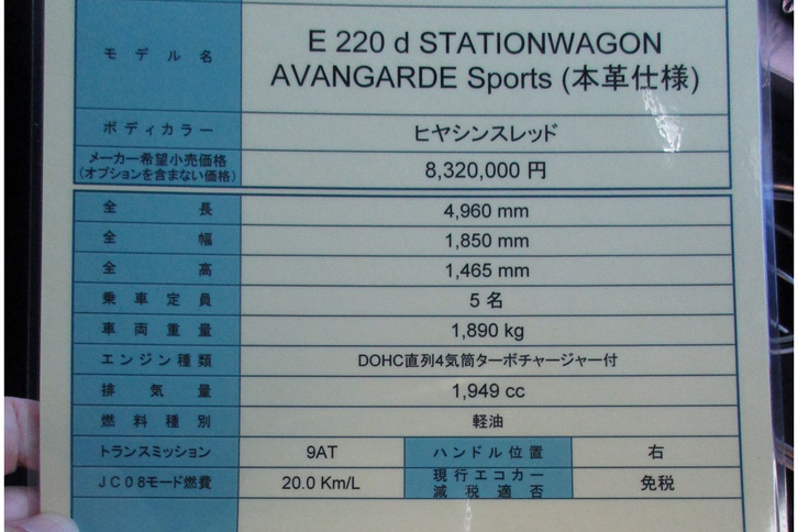 「メルセデス・ベンツE220dステーションワゴン アバンギャルド スポーツ（本革仕様）」のスペックシート。