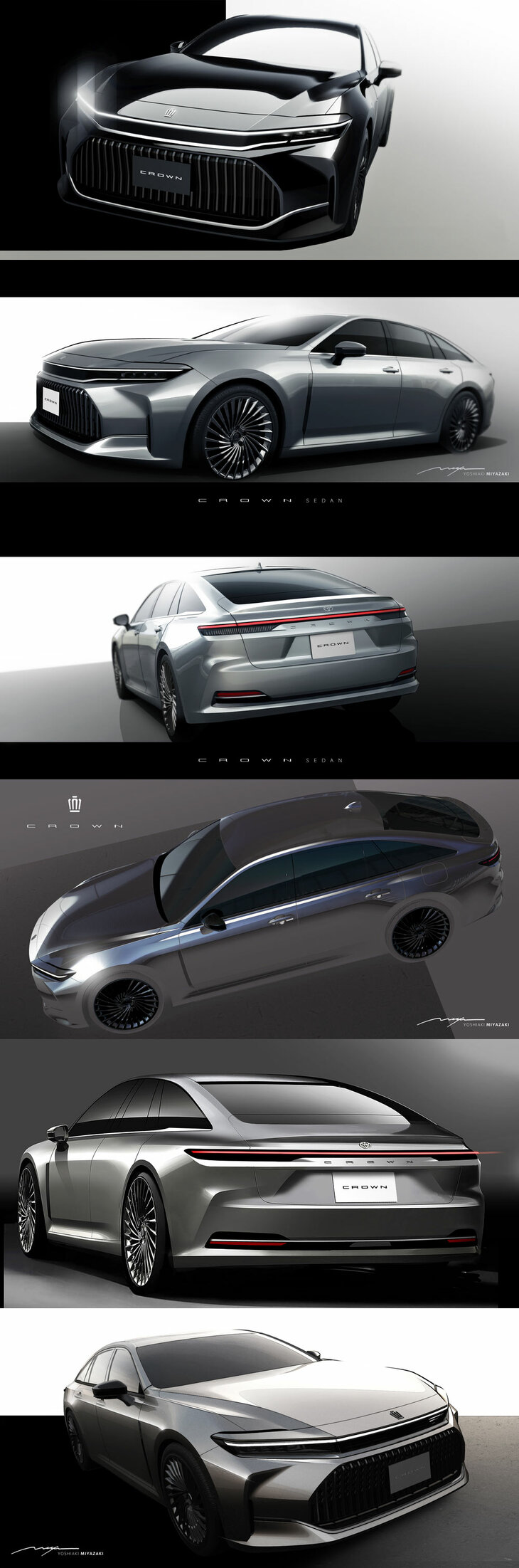 清水「こんなにたくさんデザインスケッチを公開してくれるなんて、トヨタはすごい太っ腹だね」　
	ほった「今回は『クラウン スポーツ』のときと違って、途中でボツになったっぽい案のスケッチが、少なかった気がしますね」　
	清水「意図的により分けてもいるんだろうけど、『クラウン セダン』はデザインの途中で、あんまり迷うことがなかったのかもしれないね」