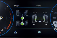 メーターは現行型と同様に、液晶ディスプレイに疑似的に表示される。新型ではより高精細になっている。写真はシャシーとサスペンションのモニターを表示させたところ。
