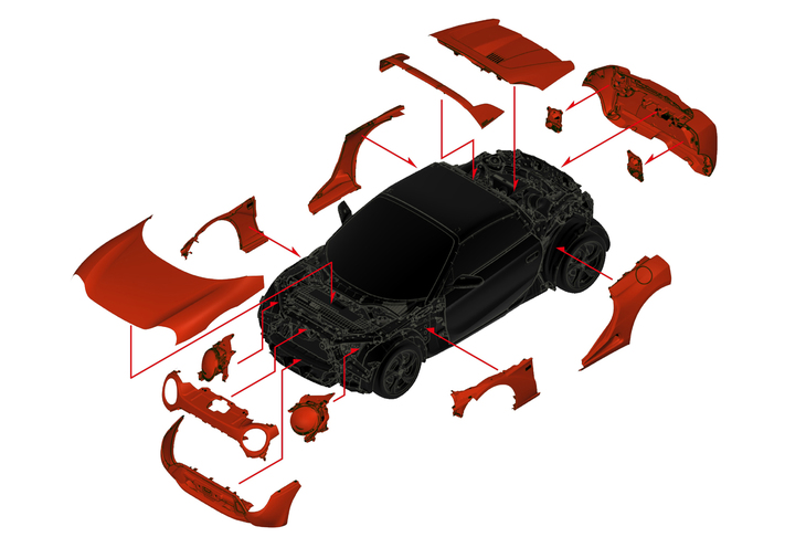 外装パーツや灯火類の取り付けイメージ。フロントボンネットや前後バンパーをはじめ、多くの部品が付け替えられる。