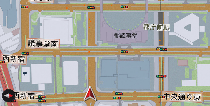 地図はこれまでの楽ナビとはまったく異なる新しいもの。明るい色合いになっただけでなく、細部もリファインされている。例えば新宿新都心の碁盤の目の道路。ここは一部立体構造になっていて、これまでの2D地図ではどこが立体交差なのかわかりにくかったが、新型楽ナビでは立体の箇所もそれらしく描画。これも高画質だからこそ表現できたと言っていいだろう。