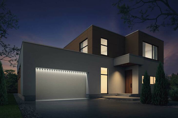 オプション設定されているLED照明。開閉動作開始と同時に自動点灯し、停止から5分後に自動消灯する。