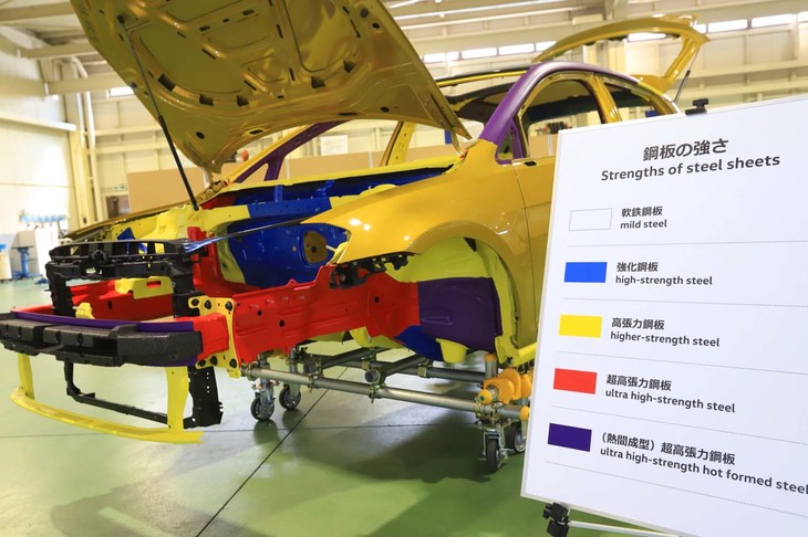 車両の部位ごとに異なった素材が使用されていることを示す、ホワイトボディーの展示物。強度を確保するだけではなく、事故の際に変形し衝撃を吸収しやすくする構造などに安全向上のノウハウがあると説明された。