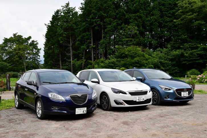 “見た目がミラージュ”な「プジョー308アリュール BlueHDi」を中心に記念撮影。（写真＝池之平昌信）