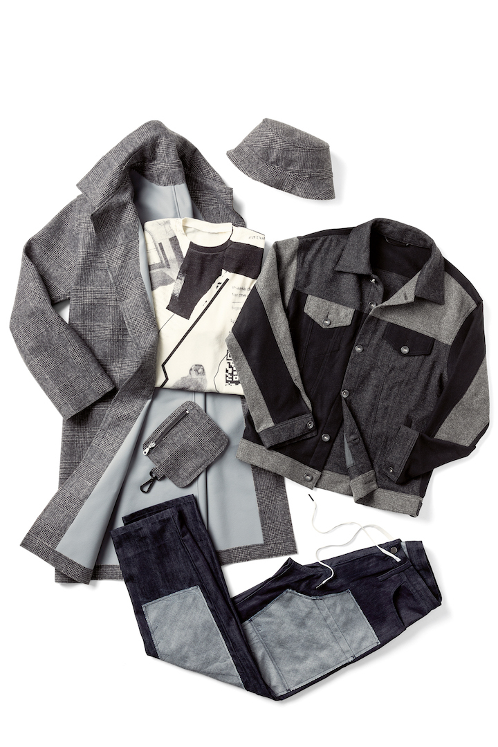 リアム・ホッジスは、防水性不織ウール地のコート、ジーンズジャケット＆パンツ、長袖シャツ、バケットハットそしてトラベルポーチの6アイテムで構成した作品を発表した。