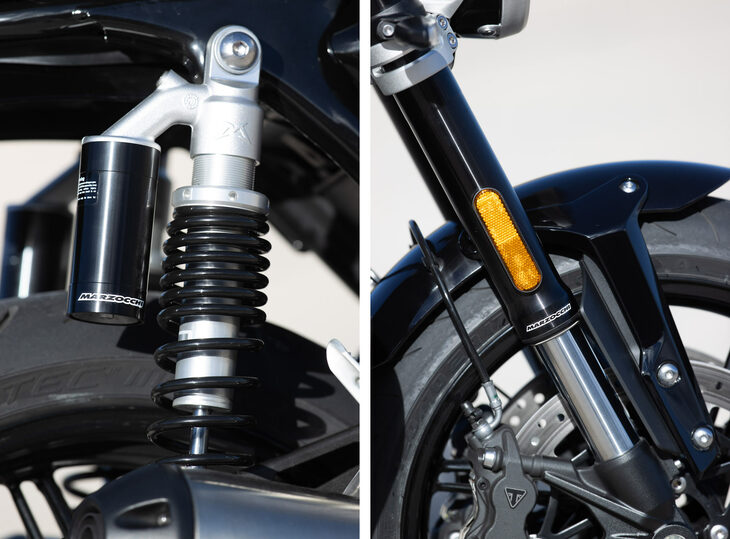 サスペンションは、前がφ43mmのマルゾッキ製倒立フォークで、ホイールトラベル量は120mm。後ろがマルゾッキ製の外部リザーバータンク付きツインショック（プリロード調整機能付き）で、ホイールトラベルは116mmだ。