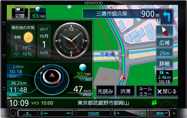 INFOウィンドウではアナログ時計やカレンダー、天気予報、ECO情報、速度など多彩な情報を表示する。
	オープン価格（実勢価格11万円前後）