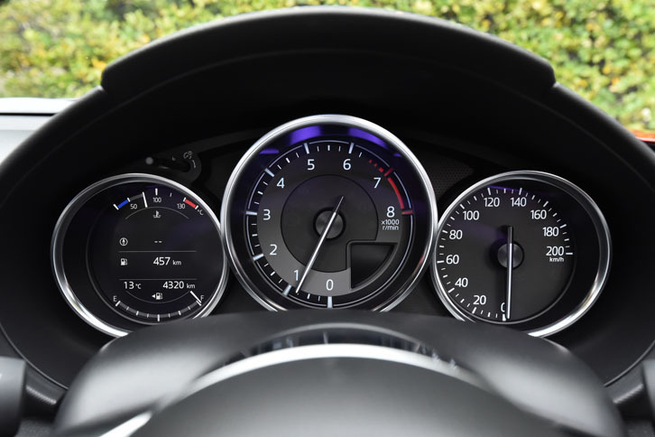 中央にタコメーターを置く。2リッターユニットのエンジン最高回転数は6800rpm。ちなみに1.5リッターは7500rpm。
