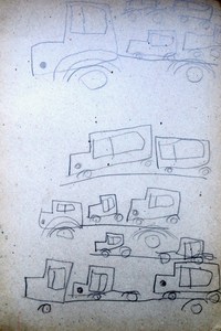 1968年ごろ（筆者が2歳のころ）のスケッチブックから。車両運搬車を表紙の裏までひたすら描いている。市内に日野自動車の工場があって、「トヨタ・ハイラックス」を製造していたためである。
