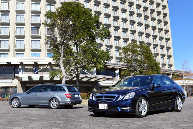 【スペック】E250ブルーエフィシェンシー アバンギャルド（写真右）：全長×全幅×全高＝4880×1855×1455mm／ホイールベース＝2875mm／車重＝1720kg／駆動方式＝FR／1.8リッター直4DOHC16バルブターボ（204ps/5500rpm、31.6kgm/2000-4300rpm）／燃費＝12.6km/リッター（JC08モード）／価格＝655万円（テスト車＝687万4000円／メタリックペイント＜カバンサイトブルー＞）＝8万4000円 ／レーダーセーフティーパッケージ＝19万円／シートヒーター＝5万円）
