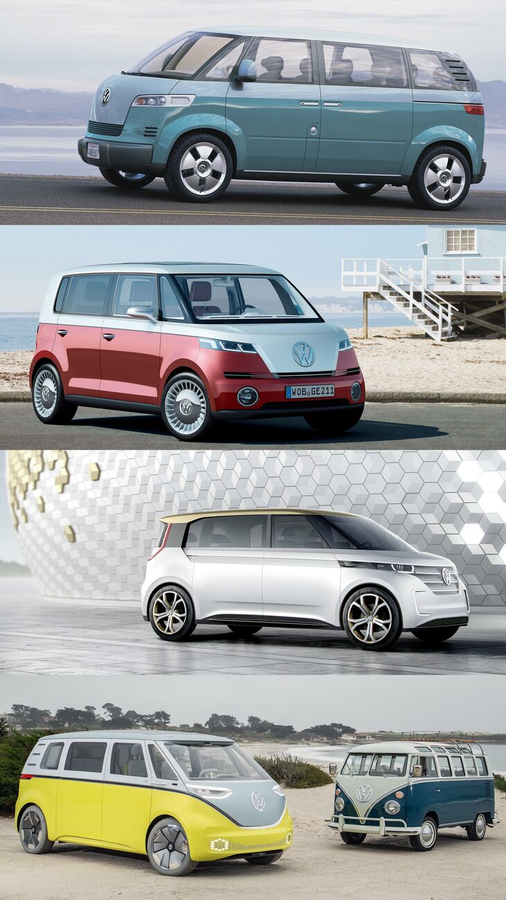 「ID. Buzz」に至るとされる、一連のコンセプトモデル。上から順に、「マイクロバス」（2001年）、「ブリー」（2011年）、「BUDD-e」（2016年）、「ID. BUZZコンセプト」（2017年）。意外なことに、丸目のフロントマスクは当初から検討されていなかったようだ。