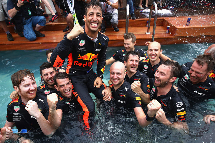 パワーユニットの優劣が出にくいコースのひとつであるモンテカルロで、レッドブルがライバルを圧倒。3回のフリー走行、そして予選Q1、Q2、Q3すべてでトップタイムをマークしたリカルド（写真中央）が、パワーロスというトラブルに屈することなく、是が非でも欲しかったレースでのP1を決めた。2年前のここモナコで、レースをリードしながらピット作業の不手際で勝利を逃していただけに、喜びもひとしおの様子だった。チームは、モナコでおなじみとなったレッドブル・エナジーステーションのプールで、出走250戦目の記念すべき勝利を祝った。（Photo=Red Bull Racing）