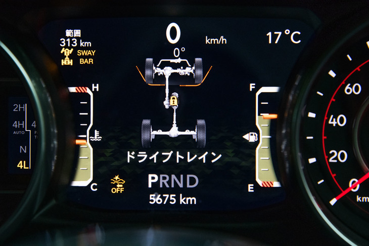 インフォメーションディスプレイに表示される4WD機構の作動状態。「4L」選択時にはESPや自動緊急ブレーキなどの安全装備がカットされる。