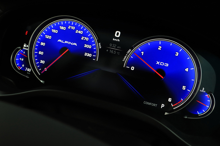 LED式のフルカラーデジタルメーターパネル。青い文字盤はアルピナ伝統のデザインだ。