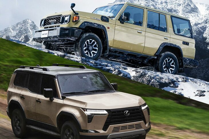 「トヨタ・ランドクルーザー“70”」（右上）と3代目「レクサスGX」（左下）。