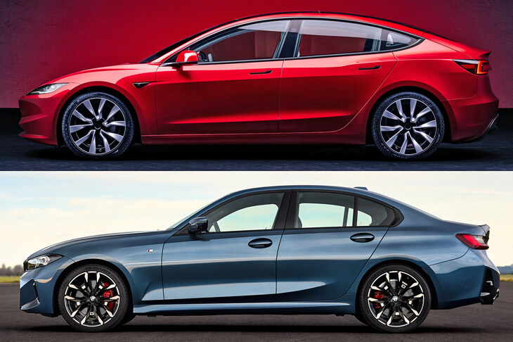 全長が同じ「テスラ・モデル3」（上）と「BMW 3シリーズ」（下）のサイドビュー。寸法はモデル3が全長×全幅×全高＝4720×1850×1441mm、3シリーズが同＝4720×1825×1445mm。とほぼ一緒だが、グリーンハウスの前後長はモデル3のほうが長く、またフロントのカウルが低く抑えられている。