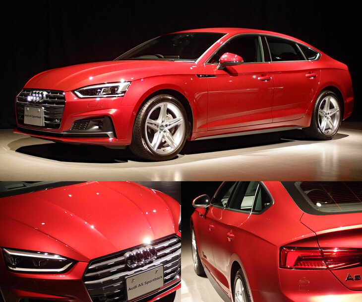 先代「アウディA5」の日本発表会（2017年4月）より、「A5スポーツバック」の各所のプレスライン。ボディーに凹面をつけてプレスラインを尖らせているのがよくわかる。