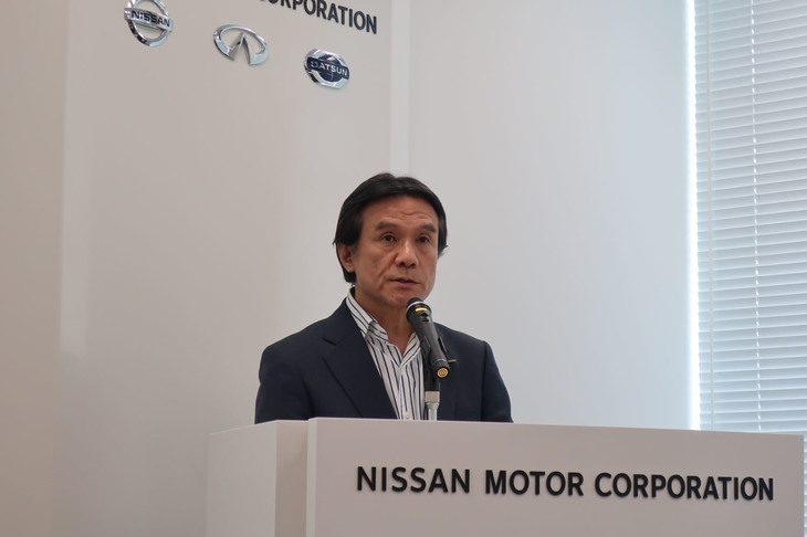 説明を行った、日産自動車のチーフサステイナビリティーオフィサーである川口 均 専務執行役員。
	 