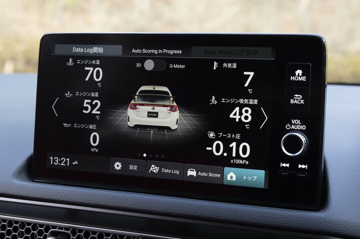センタースクリーンにはデータロガーを表示できる。写真の「3Dモーション」画面では、自らの走りによって生み出したクルマの傾きなどの挙動を中央の3Dアイコンで再現できる。