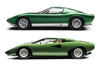 1966年登場の「ランボルギーニ・ミウラ」（上）と、1974年登場の「カウンタック」。両者のデビュー時期の差は8年だが、まるで違う時代のクルマのようである。