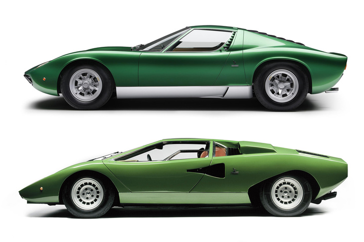 1966年登場の「ランボルギーニ・ミウラ」（上）と、1974年登場の「カウンタック」。両者のデビュー時期の差は8年だが、まるで違う時代のクルマのようである。