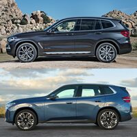 新旧「X3」のサイドビュー。上が3代目にあたる先代で、下が新型の4代目。ボンネットの厚みやノーズの高さ、テールゲート（Cピラーじゃないよ！）の傾き具合などに注目。