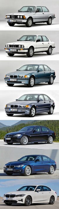 現行に至る7世代の「3シリーズ」。上から順に、E21（1975年）、E30（1982年）、E36（1990年）、E46（1998年）、E90（2005年）、F30（2012年）、G20（2019年）。