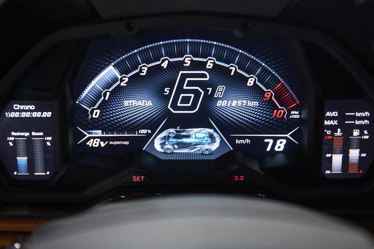 液晶ディスプレイを用いた「シアンFKP 37」のメーターパネル。ギアポジションの下に（写真は6速ギアを選択したシーン）、エネルギーモニターが表示されている。