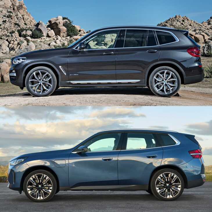 新旧「X3」のサイドビュー。上が3代目にあたる先代で、下が新型の4代目。ボンネットの厚みやノーズの高さ、テールゲート（Cピラーじゃないよ！）の傾き具合などに注目。