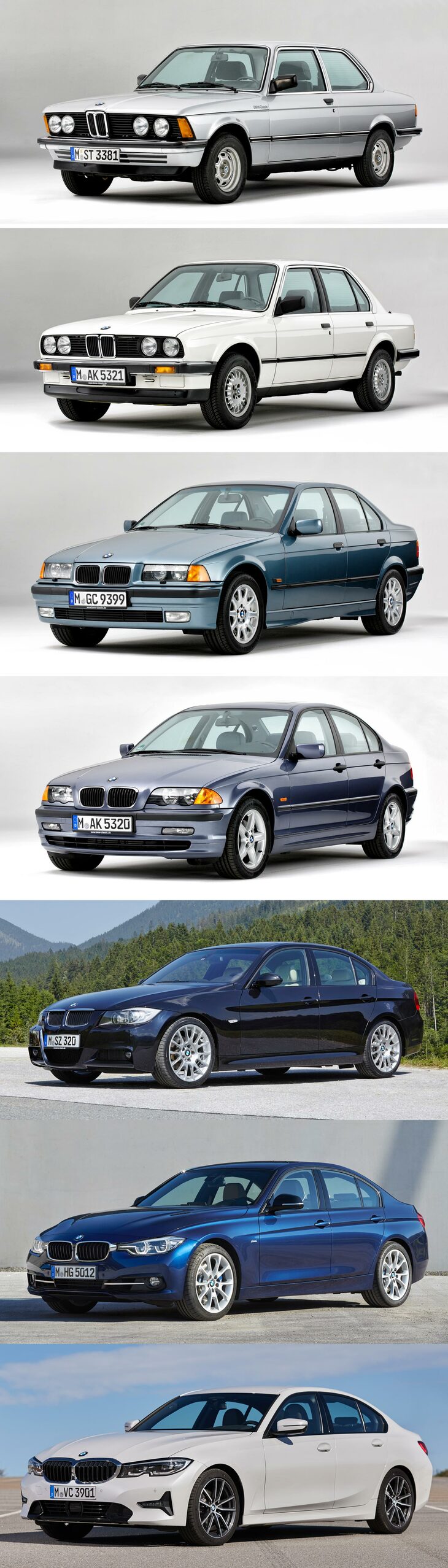 現行に至る7世代の「3シリーズ」。上から順に、E21（1975年）、E30（1982年）、E36（1990年）、E46（1998年）、E90（2005年）、F30（2012年）、G20（2019年）。