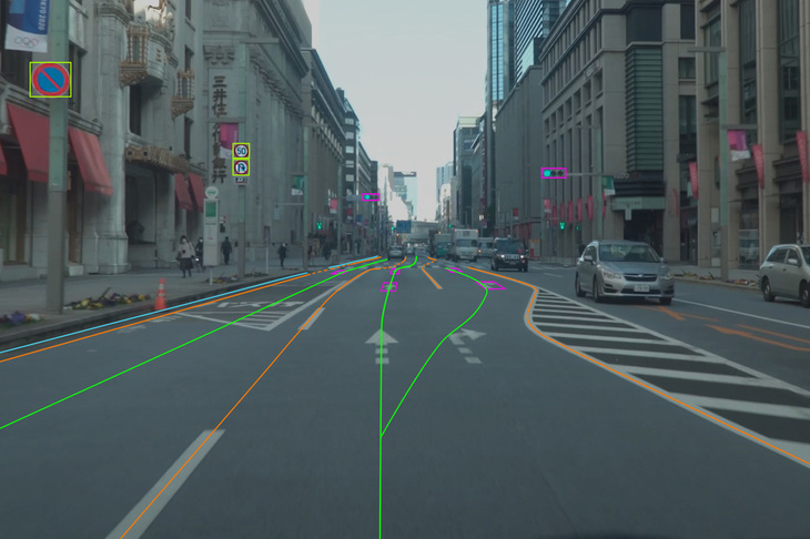 HDマップに収録される情報のイメージ。各車線の中央を走る緑のラインが「車線リンク」だ。