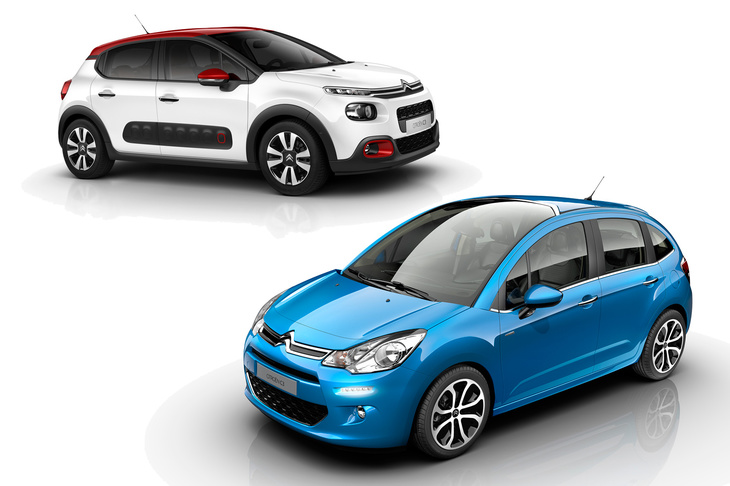 現行型（左上）と先代（右下）の新旧「C3」。
	永福：「こうして見ると、ぽっこりしたフォルムといい、デコッパチなフロントウィンドウといい、先代C3は個性的な格好のクルマだったんですね」
	明照寺：「現行型も細部は非常に凝ってますけど、基本的な部分では、先代のほうが挑戦的だったと思います」