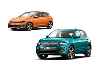 フォルクスワーゲンのBセグメントハッチバック「ポロ」（左上）と、B-SUVの「Tクロス」（右下）。現状ではBセグメントハッチバック市場の方がB-SUV市場より大きいが、将来的には逆転される可能性がある。