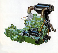 ストロークを5mm延長し、それまでの836ccから893ccにスケールアップした直4OHVの「GP型エンジン」。最高出力は28ps/4600rpmから35ps/5000rpmに、最大トルクは5.3kgm/2800rpmから 6.5kgm/3200rpmに向上した。