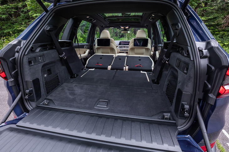 2列目と3列目シートを倒した様子。この状態での荷室容量は1870リッターとなる。リアバンパー下に足をかざす動作でリアゲートの開閉が自動で行われる「スマートオープン／クローズ機能付きコンフォートアクセス」も標準装備されている。
