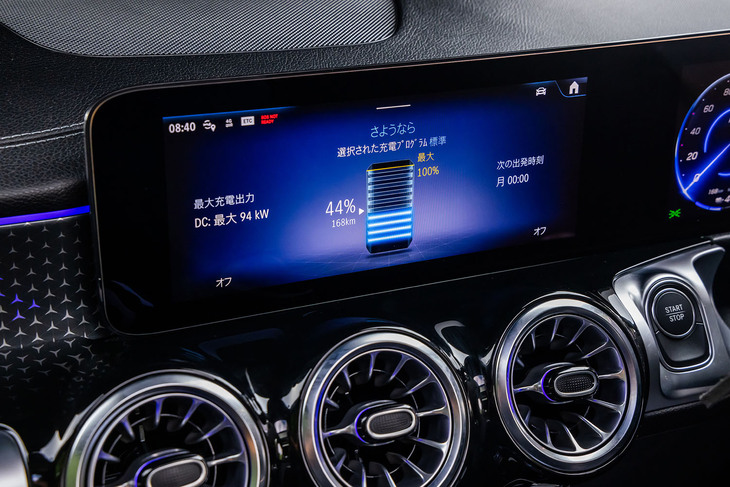 運転席前の10.25インチメーターパネルとセンターの10.25インチタッチ式スクリーンを組み合わせた横長のディスプレイは、最新のFF系メルセデスでおなじみのアイテム。写真はセンタースクリーンにバッテリー残量を表示させた様子。