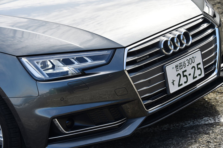 新型「A4」のフロントまわり。テスト車にはオプションの「マトリクスLEDヘッドランプ」が装備されていた。