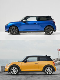 清水「これはなんだい？」　
	ほった「新型の『MINIクーパー』（BEV）と、先代の『MINI 3ドア』のサイドビューです。ボディーの寸詰まり具合とか、Aピラーの傾き具合とか、新型はスタイリングも、これまでとは結構違うんですよ」