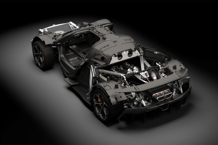 「W1」の透視図。プリプレグカーボンファイバーでつくられたモノコック「エアロセル」はマクラーレン史上最軽量で、車重は1399kg（乾燥重量）と発表されている。