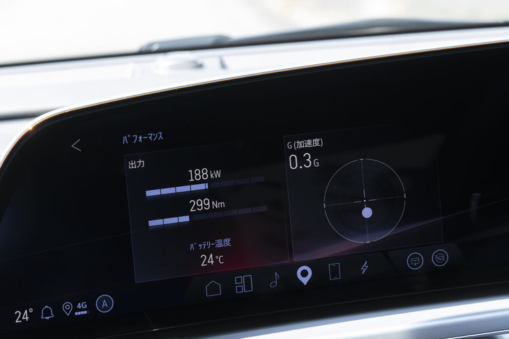 電動パワートレインが発生するパワーやトルクは、センターディスプレイで常時確認が可能だ。