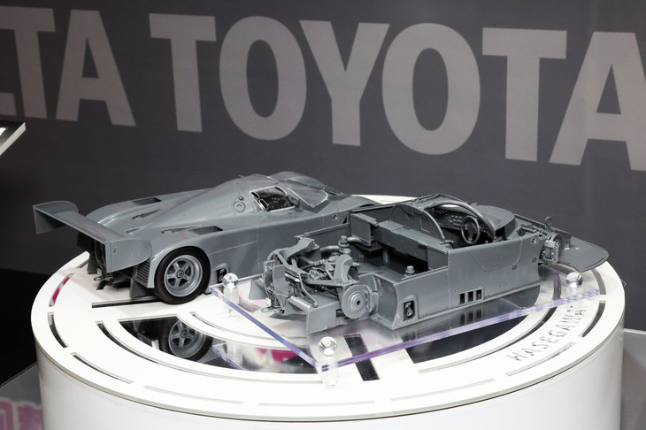 これもハセガワが会場発表した、グループCカーシリーズに加わる予定の「ミノルタ・トヨタ91C-V」の試作品。1991年の全日本スポーツプロトタイプカー耐久選手権（JSPC）参戦用にトヨタが開発した3.6リッターV8ツインターボエンジン搭載マシン。