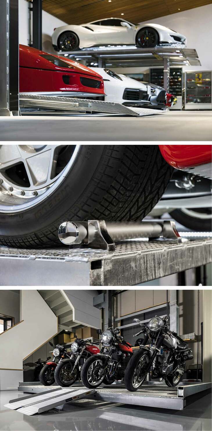 低床仕様パレットなら車高の低いスポーツカーでもスムーズな入出庫ができる。落下防止対策も万全である。