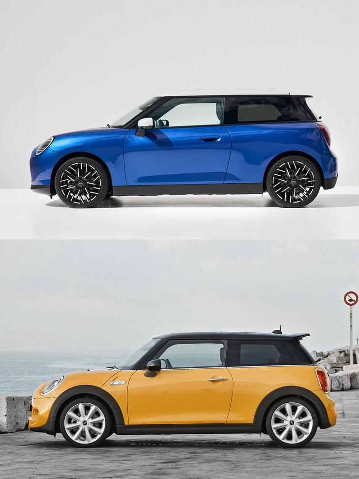 清水「これはなんだい？」　
	ほった「新型の『MINIクーパー』（BEV）と、先代の『MINI 3ドア』のサイドビューです。ボディーの寸詰まり具合とか、Aピラーの傾き具合とか、新型はスタイリングも、これまでとは結構違うんですよ」