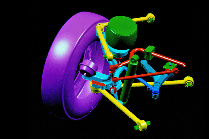 リンクやアームなどを介してタイヤを車体に取り付ける独立懸架式サスペンション。左右輪はつながっておらず、おのおのが個別にシャシーと接続している。