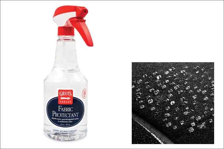 【インテリアケア】
	GRIOT'S GARAGE／グリオズ ガレージ　ファブリックプロテクタント 22オンス
	
	コンバーチブルの幌（ほろ）、カーペット、そしてファブリックのシートなどに撥水、防汚、紫外線保護効果を与えるスプレータイプのコーティング材。撥水効果が高いため、特にオープンカーのキャンバストップのケアにお勧め。ちなみにクリーニング効果はないため、汚れを落とすためにはクリーナーとの併用が必要。
	
	内容量：651ml　価格：3564円（税込）　問い合わせ：LE GARAGE　03-3587-2785