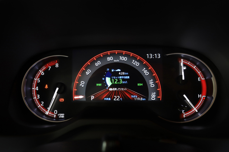 中央に7インチのインフォメーションディスプレイを備えたメーターパネル。燃費などの走行情報に加え、4WDの駆動力配分状況もここで確認できる。