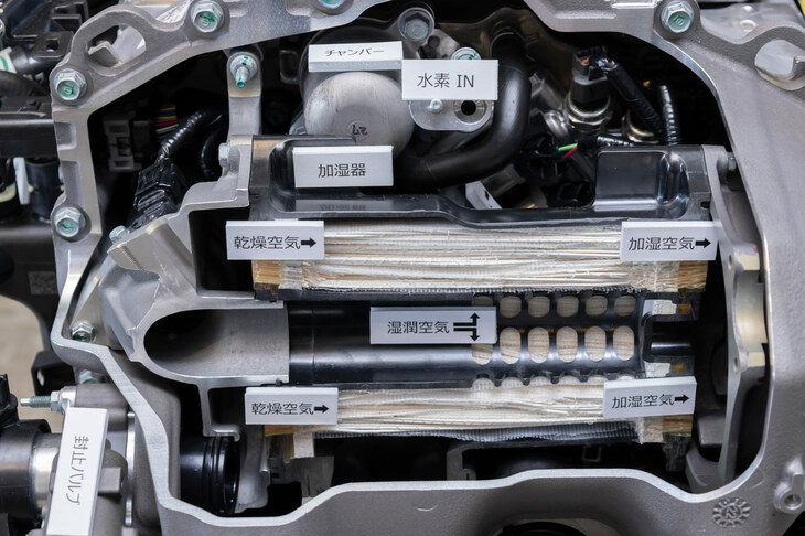 こちらはFCスタックの湿度を保つ、要するに加湿器。燃料電池では触媒が適度に湿った状態でないと効率的な反応が行われず、湿度が不十分だと電極集合体が破壊される恐れもある。高精度な湿度管理は、温度のそれと並んで重要な技術なのだ。