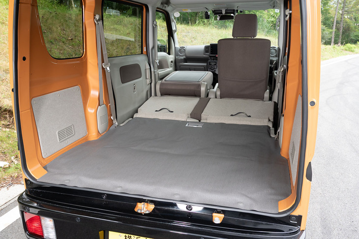 後席格納時の荷室の床面長（前席背もたれまでの距離）は1955mm。マット等を敷いて工夫すれば大柄な人でも横になれるはずだ。