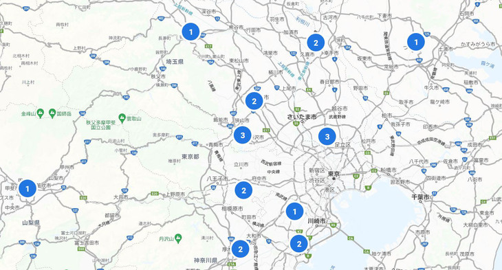 e-Mobility Powerの充電器検索ページで出力60kW以上の急速充電器を検索してみると、首都圏でもごくわずかしか設置されていないことが分かる。