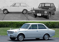 1966年にデビューした初代「ダットサン・サニー」（上）と、初代「トヨペット・カローラ」（下）。